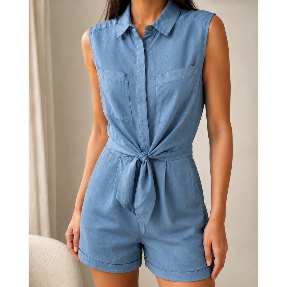 Reiss Ema Blue Linen Tie Front Sleeveless Coastal Romper US 4